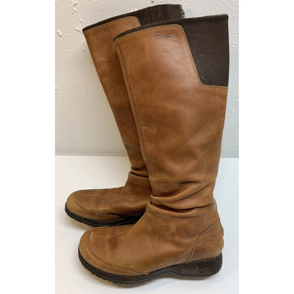 Teva Women's Afton Boot 9.5 Tall Cognac Brown Leather Outdoor Riding Bootie
